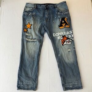 AKOO Donkmaster MMLXXII Distressed Patch Denim Jeans Mens 42 Blue Streetwear